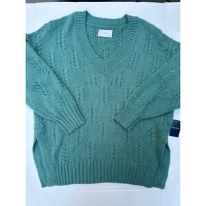 Lucky Green V Neck Cable Knit Sweater Oversize Split Slit Sides Size Large NWT